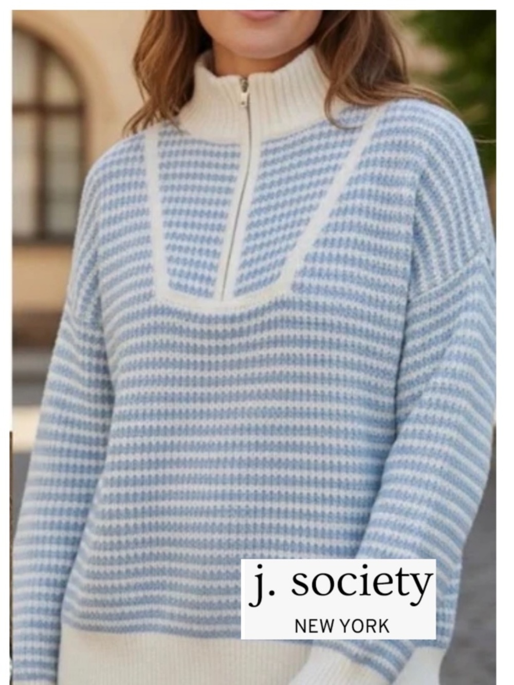 J. Society Blue/white stripe 1/2 zip sweater, M,  CB2618 - Picture 2 of 6
